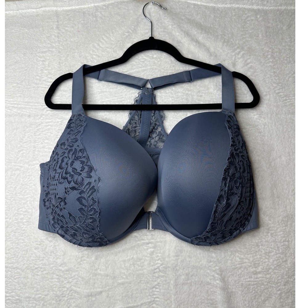 Cacique Bra Women 46DDD Blue Lace Front-Close Racerback Underwire